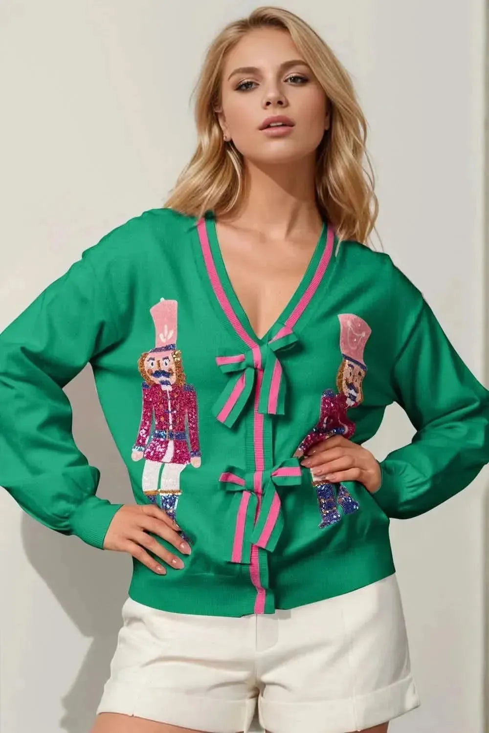 Double Take Full Size Nutcracker Sequin Bow Decor Cardigan - Bad Moms Club