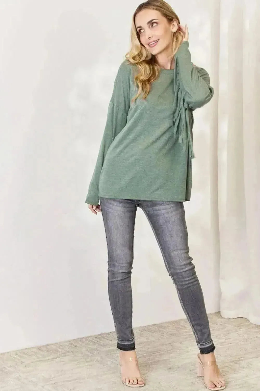 Celeste Full Size Fringe Detail Long Sleeve Top - Bad Moms Club