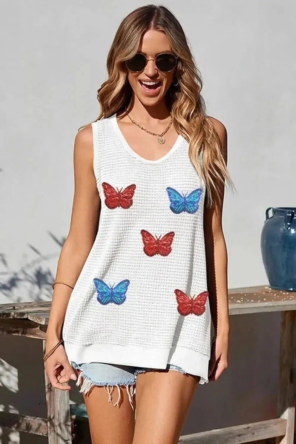 Sequin Butterfly Round Neck Tank - Bad Moms Club
