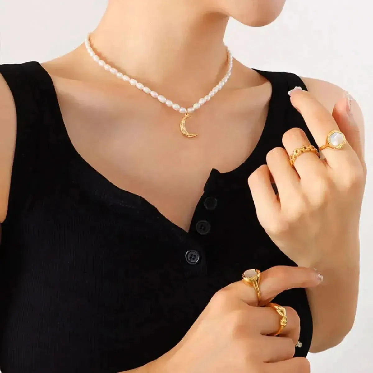 Pearl Titanium Steel Moon Shape Pendant Necklace - Bad Moms Club