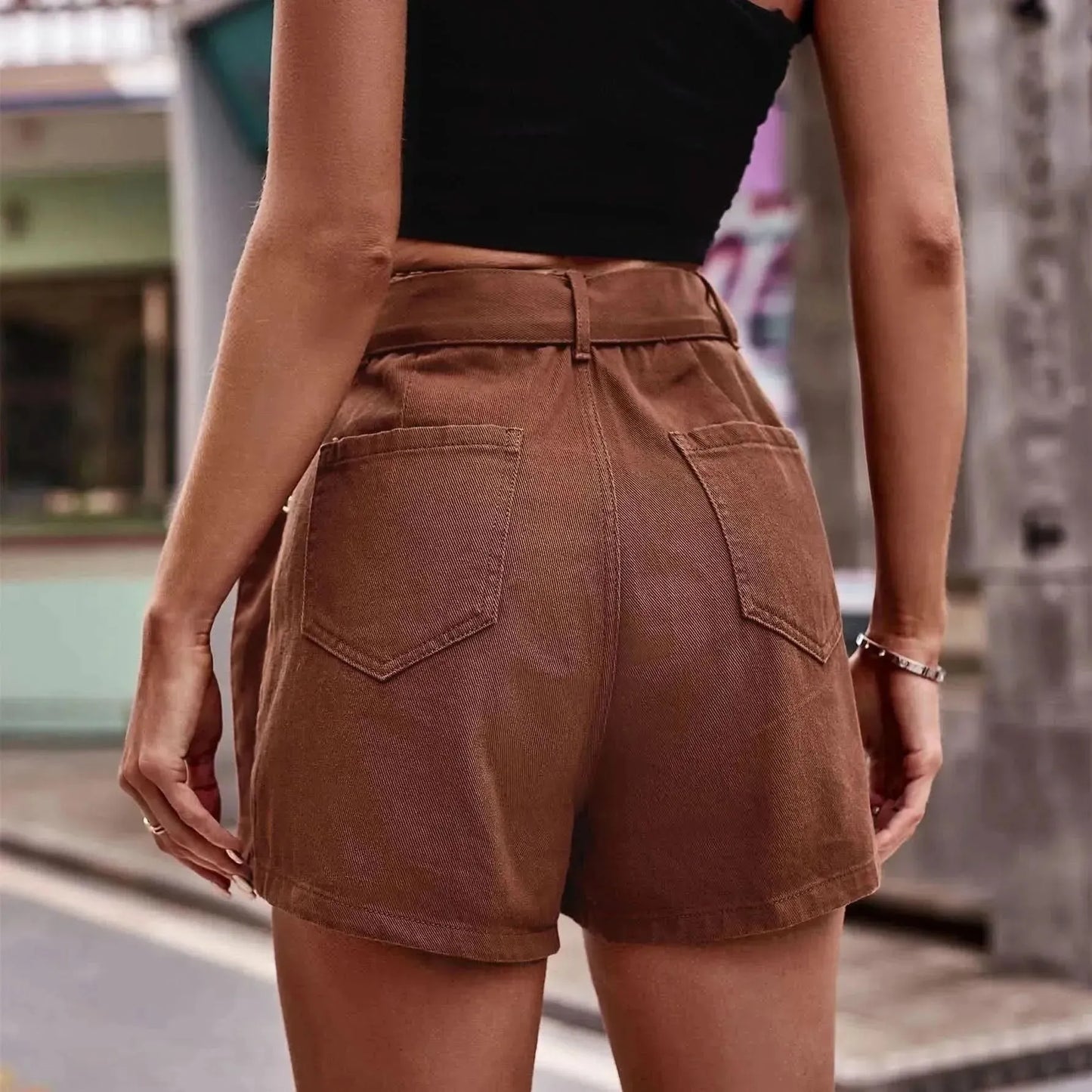 Belted Denim Shorts with Pockets - Bad Moms Club