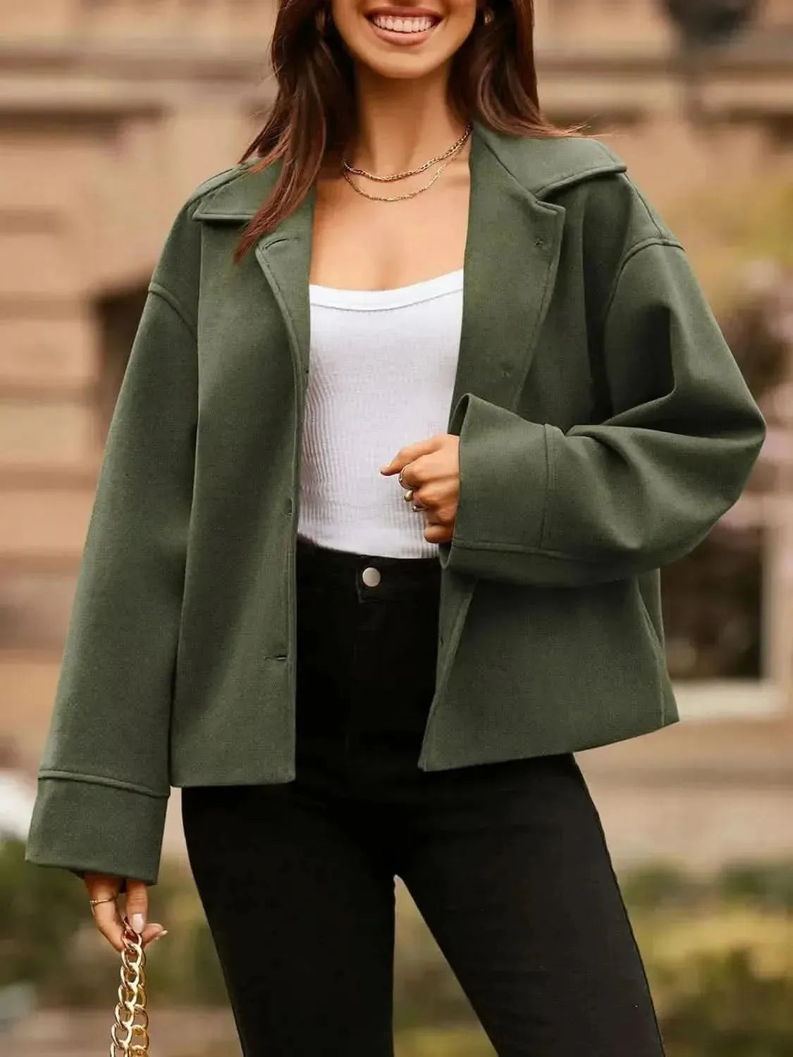 Collared Neck Dropped Shoulder Jacket - Bad Moms Club