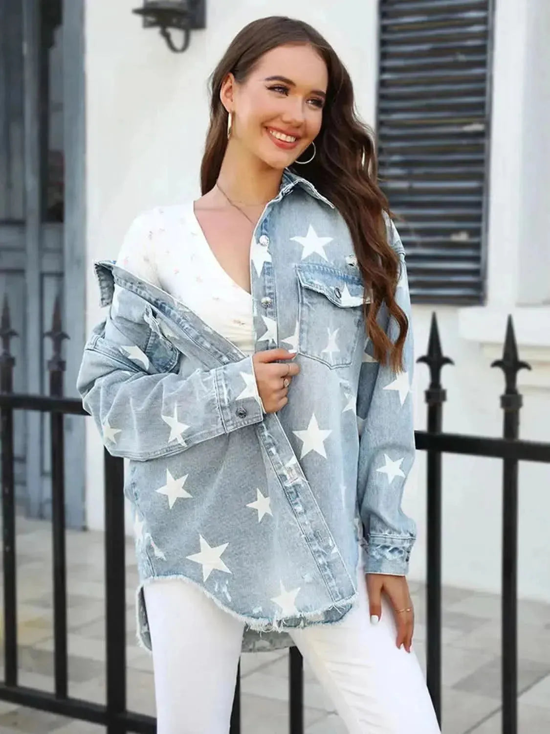Star Denim Jacket with Pockets - Bad Moms Club
