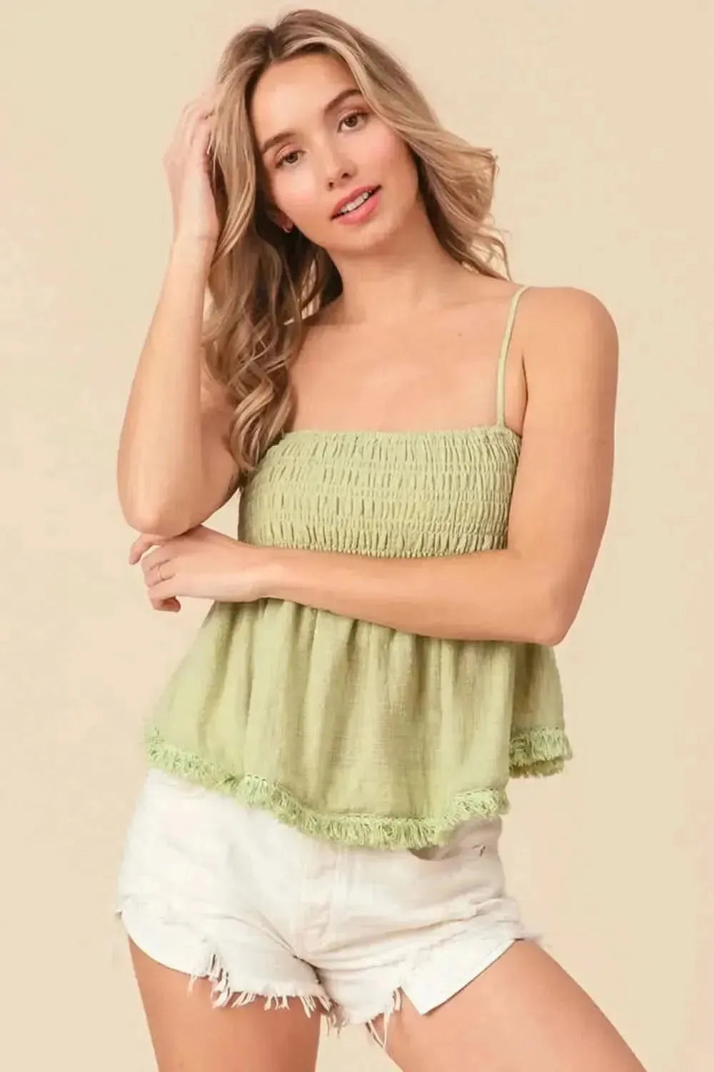 BiBi Fringed Hem Smocked Cami - Bad Moms Club