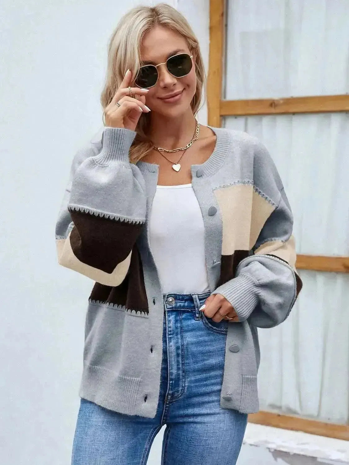 Color Block Button Up Lantern Sleeve Cardigan - Bad Moms Club