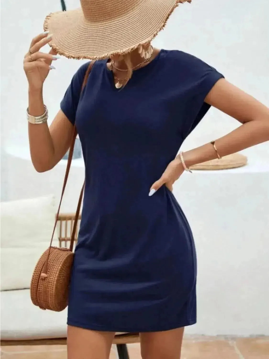Notched Short Sleeve Mini Tee Dress - Bad Moms Club