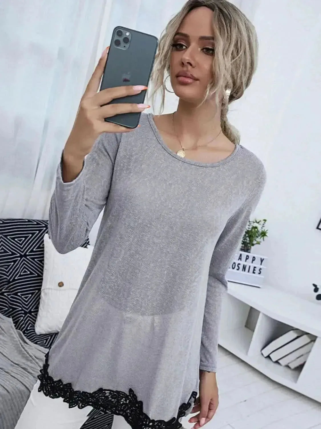 Shiny Spliced Lace Contrast Round Neck Top - Bad Moms Club