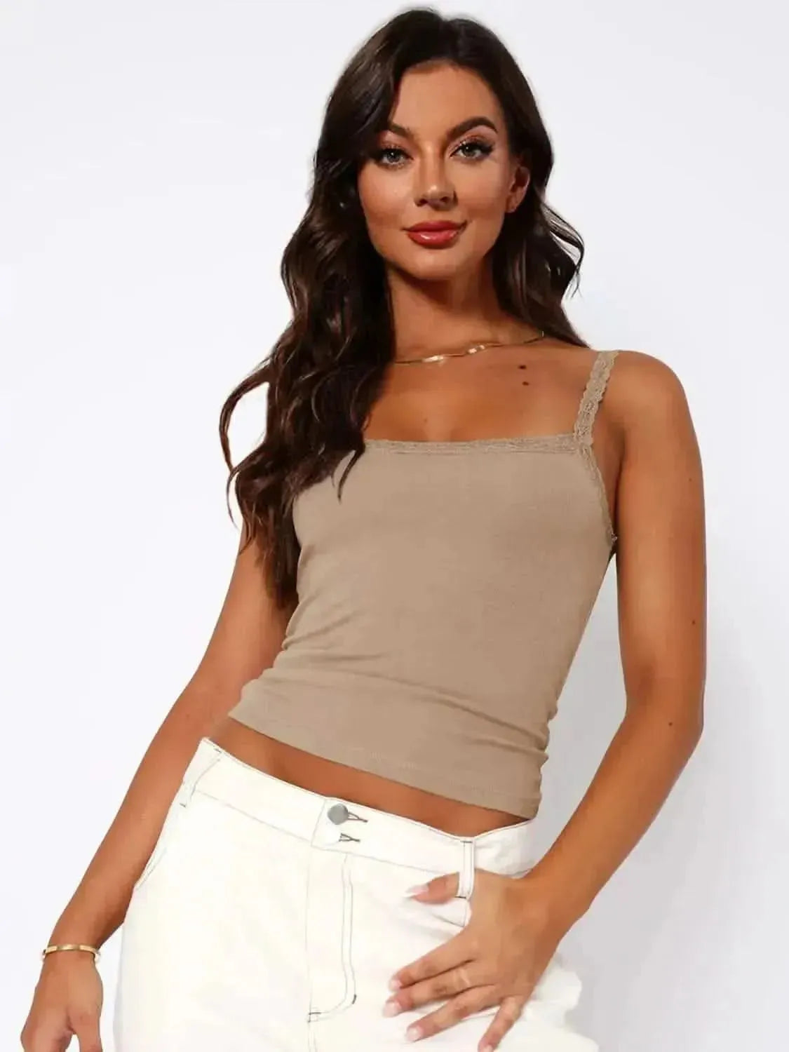 Lace Trim Straight Neck Cami - Bad Moms Club