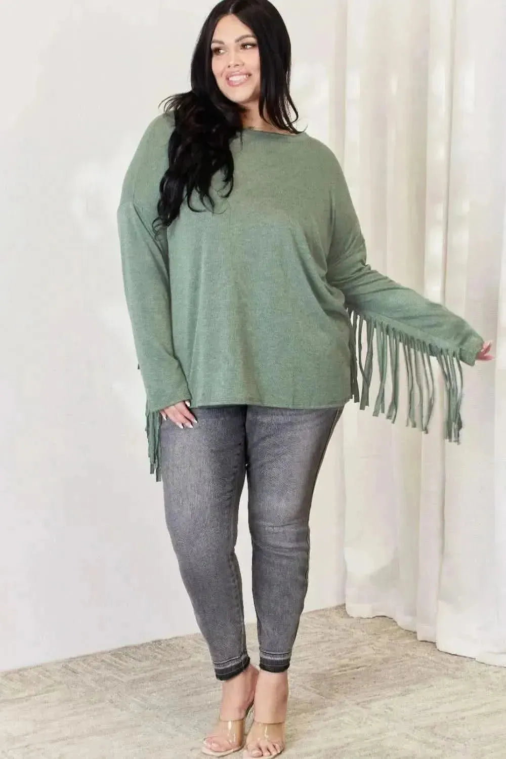 Celeste Full Size Fringe Detail Long Sleeve Top - Bad Moms Club