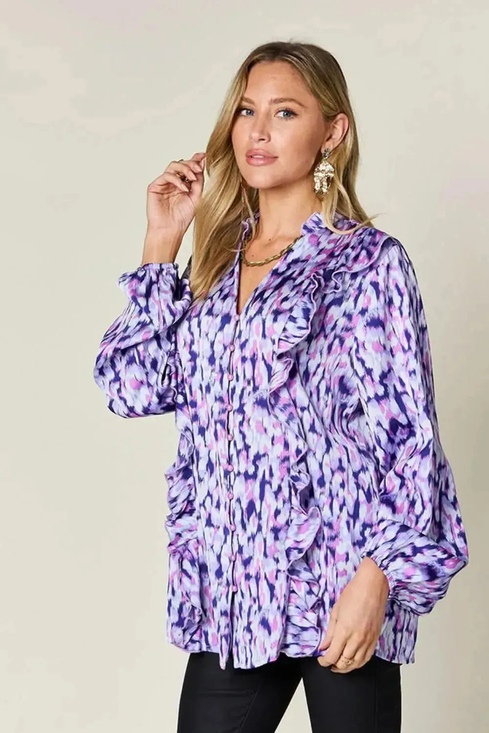 Double Take Full Size Printed Ruffle Trim Balloon Sleeve Shirt - Bad Moms Club