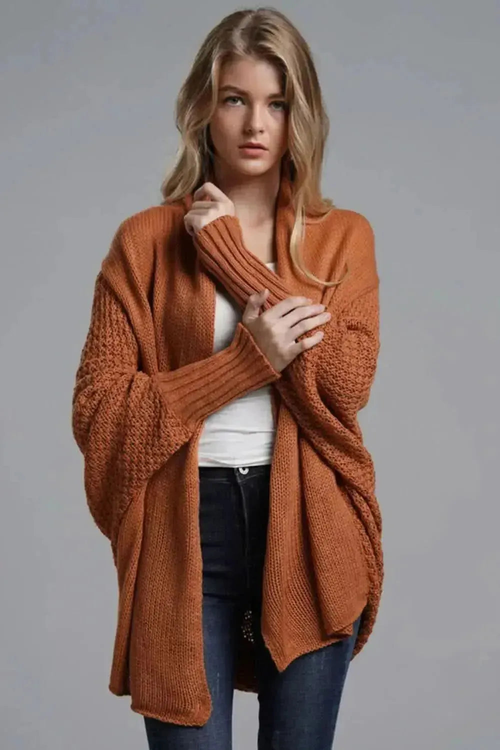 Dolman Sleeve Open Front Ribbed Trim Longline Cardigan - Bad Moms Club
