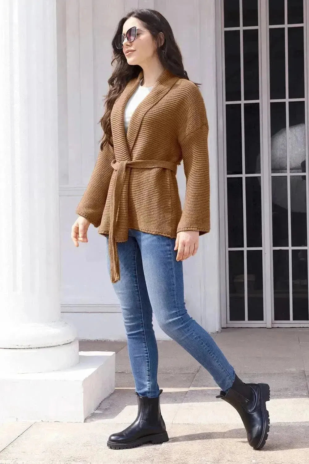 Tied Open Front Long Sleeve Cardigan - Bad Moms Club