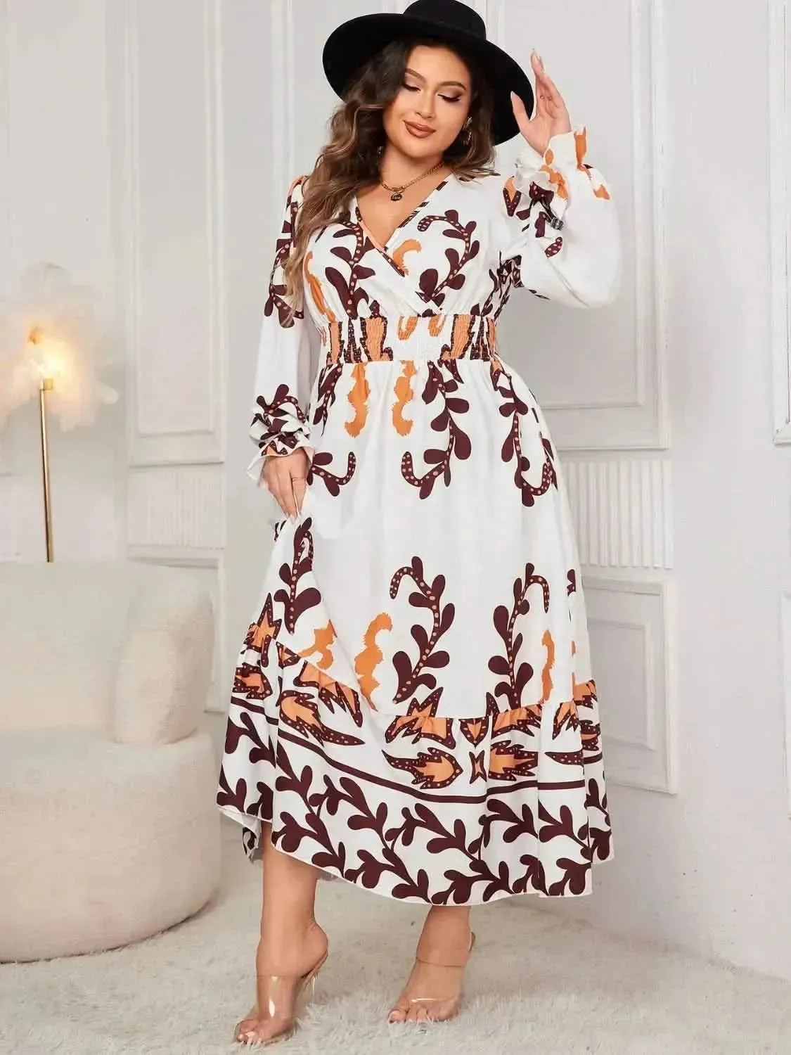 Honey Plus Size Printed Surplice Flounce Sleeve Dress - Bad Moms Club