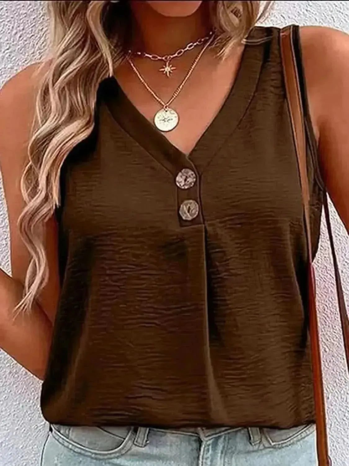 Full Size Decorative Button V-Neck Tank - Bad Moms Club