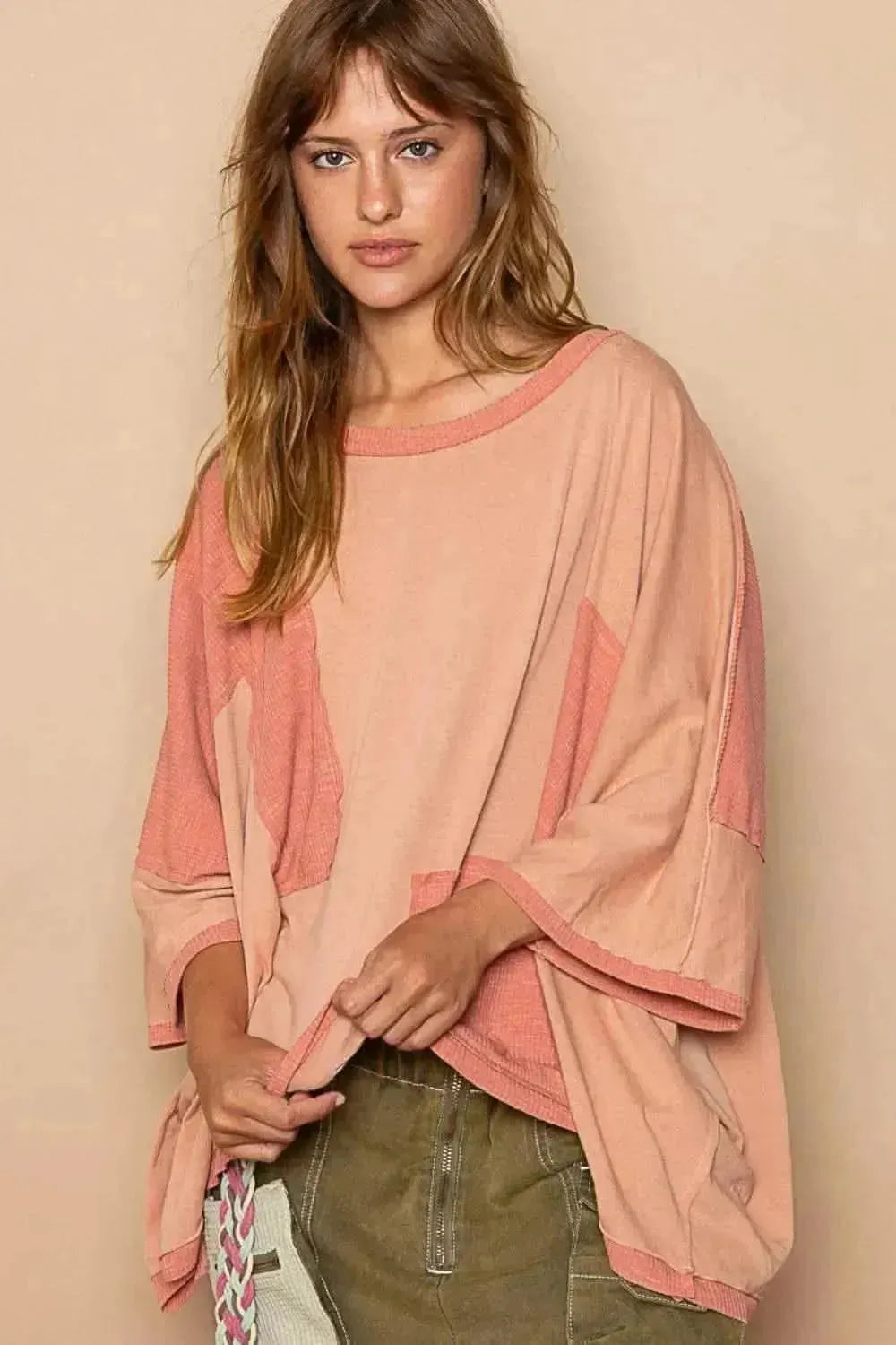 POL Frayed Edge Patchwork Oversized T-Shirt - Bad Moms Club