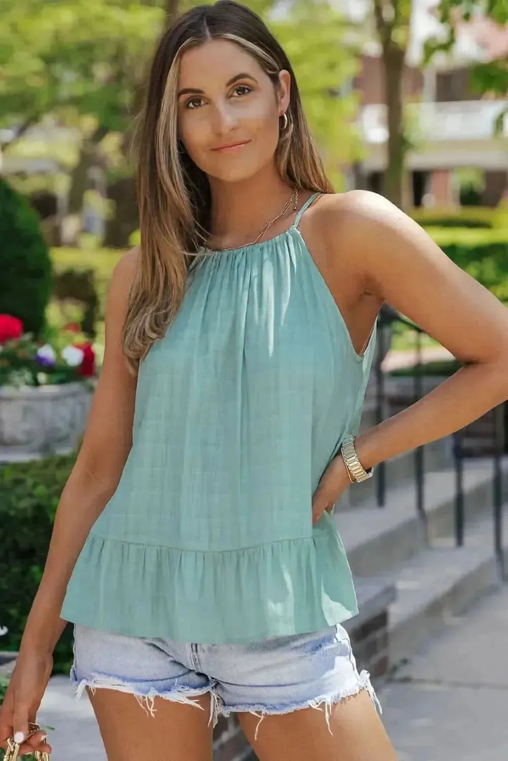 Round Neck Tied Peplum Cami - Bad Moms Club