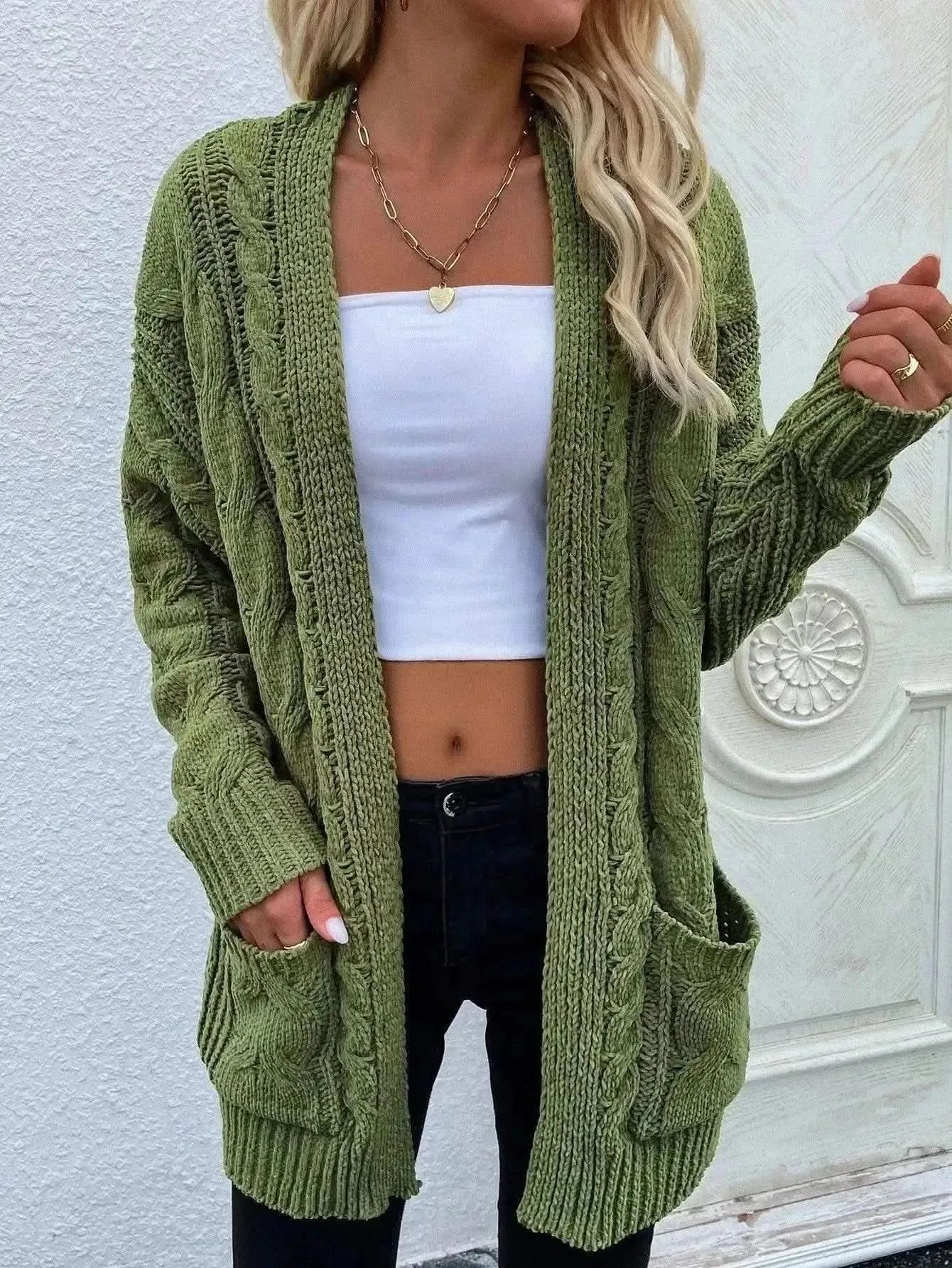 Woven Right Cable-Knit Open Front Cardigan with Front Pockets - Bad Moms Club