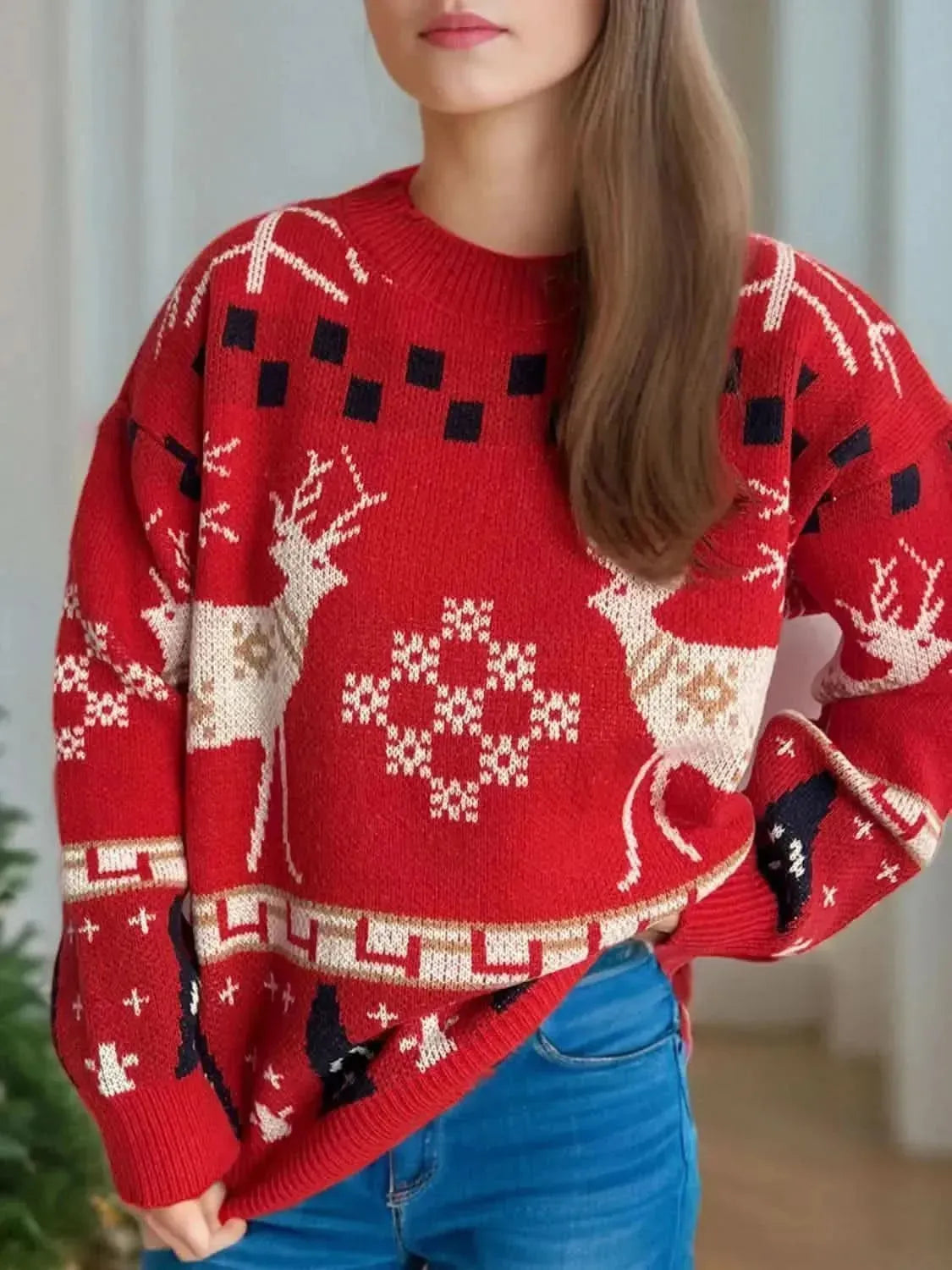 Christmas Element Round Neck Long Sleeve Sweater - Bad Moms Club
