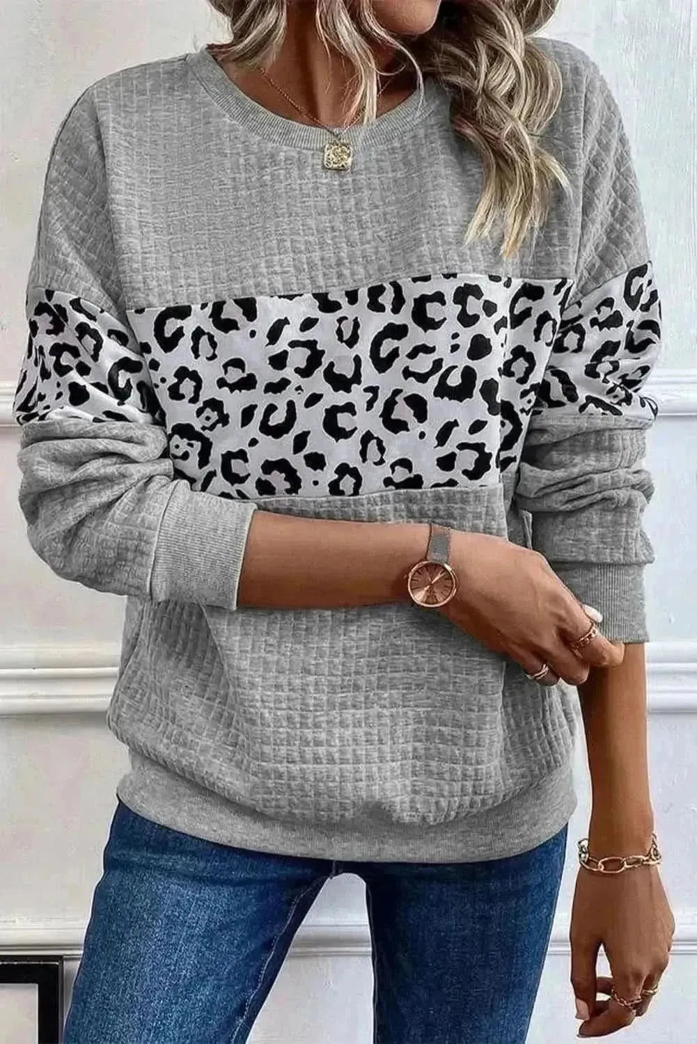 Leopard Round Neck Long Sleeve Sweatshirt - Bad Moms Club