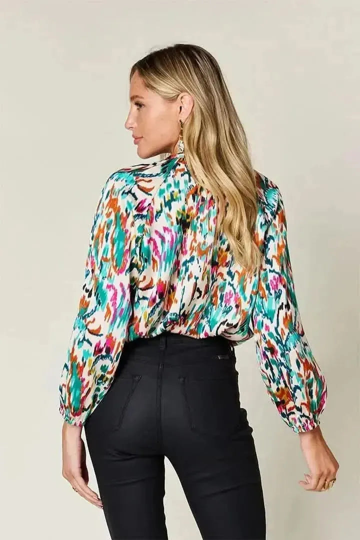 Double Take Full Size Printed Button Up Long Sleeve Shirt - Bad Moms Club