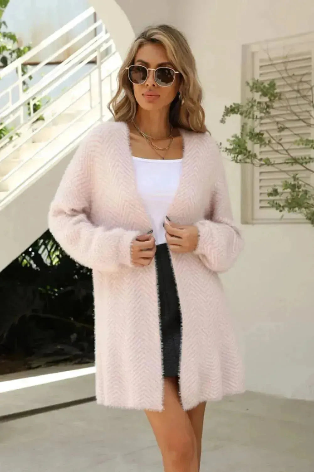 Herringbone Pattern Open Front Longline Fuzzy Cardigan - Bad Moms Club