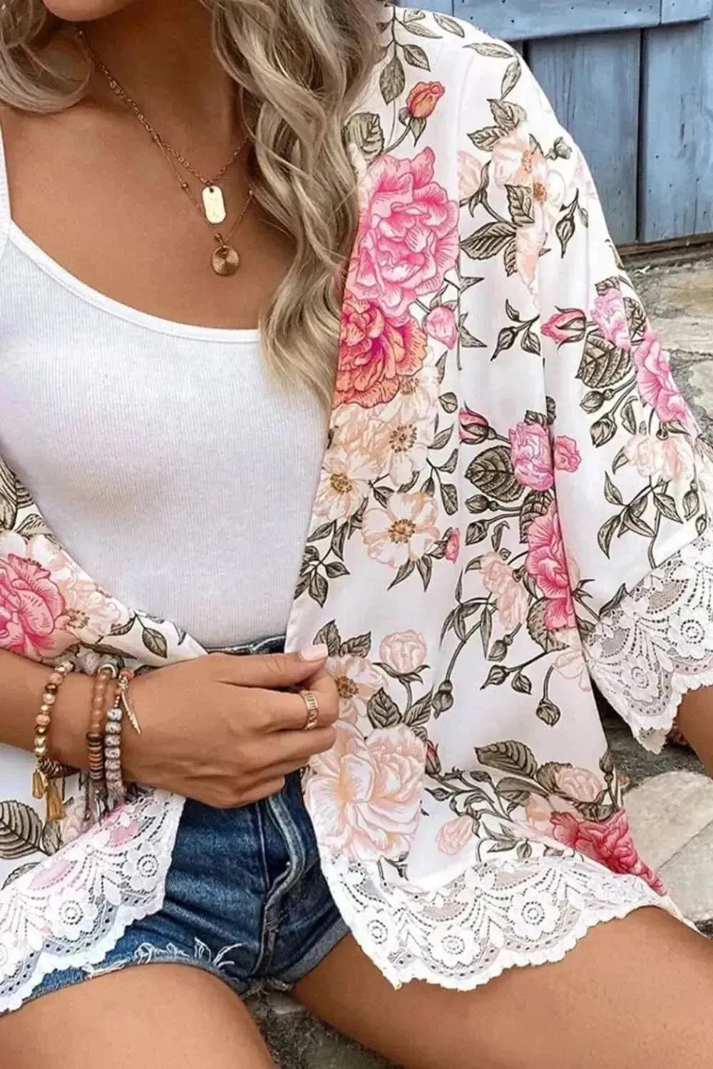 Lace Detail Floral Open Front Half Sleeve Cover Up - Bad Moms Club