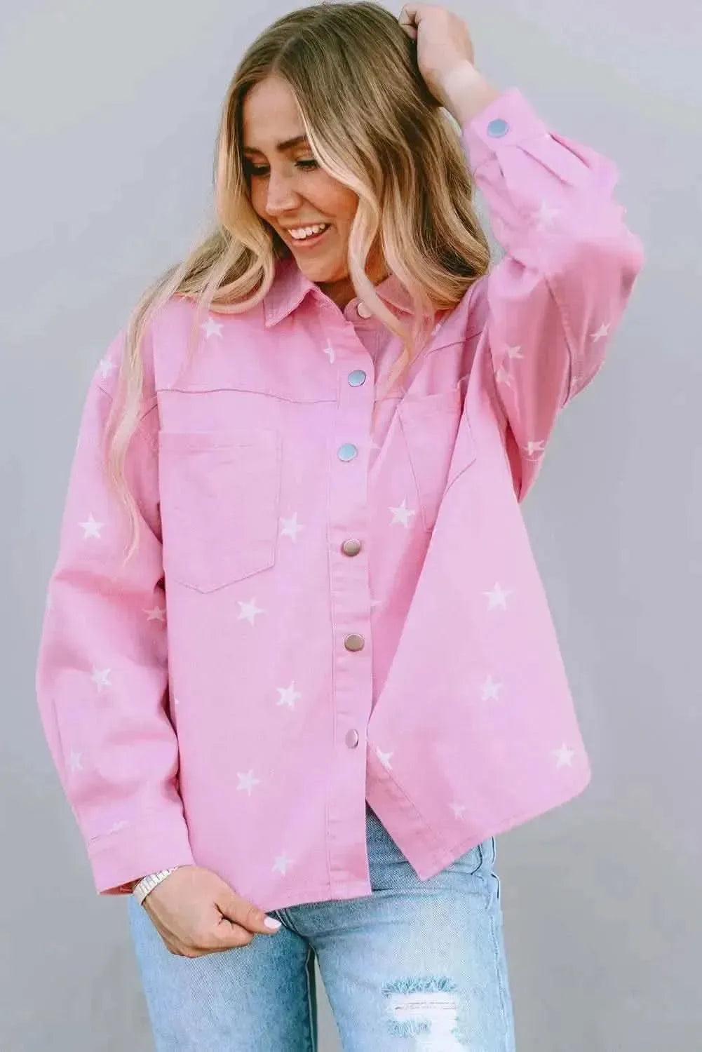 Star Pattern Button Up Slit Denim Jacket - Bad Moms Club