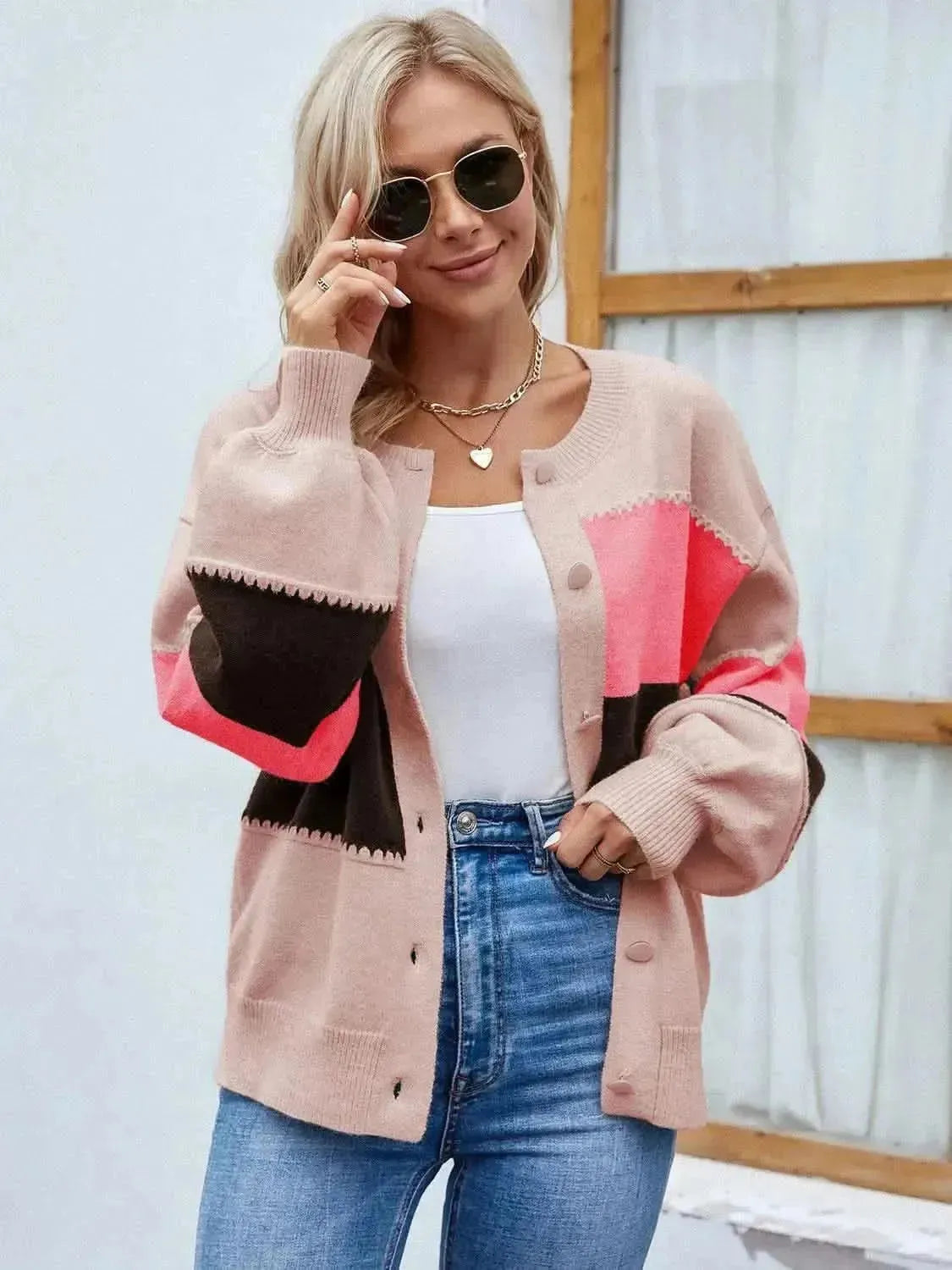 Color Block Button Up Lantern Sleeve Cardigan - Bad Moms Club