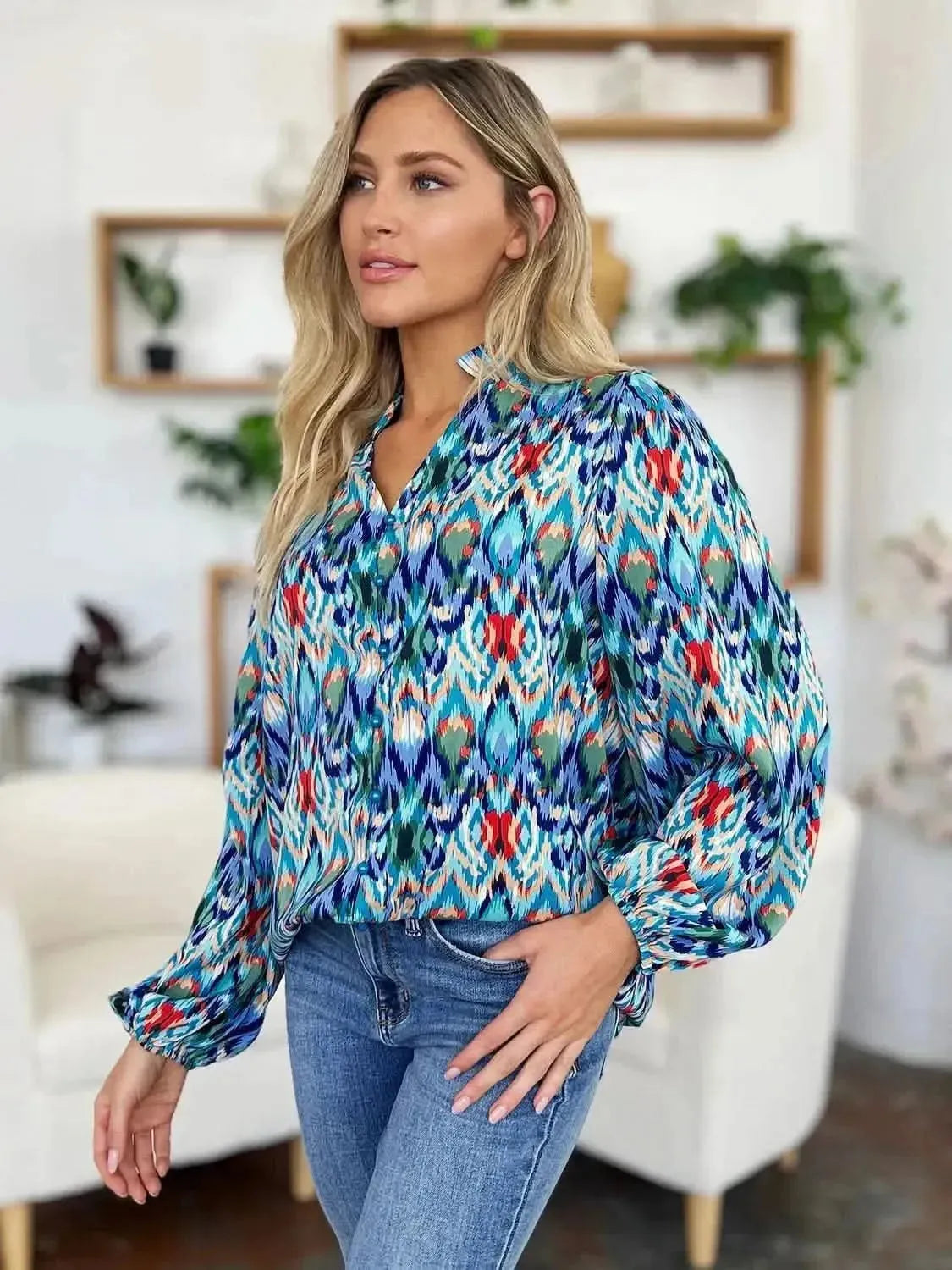 Double Take Full Size Printed Balloon Sleeve Blouse - Bad Moms Club