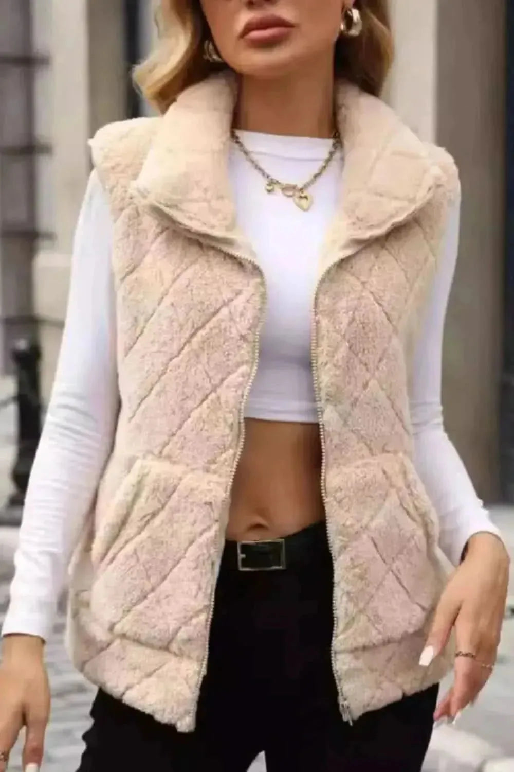 Fuzzy Plaid Texture Zip Up Vest Coat - Bad Moms Club