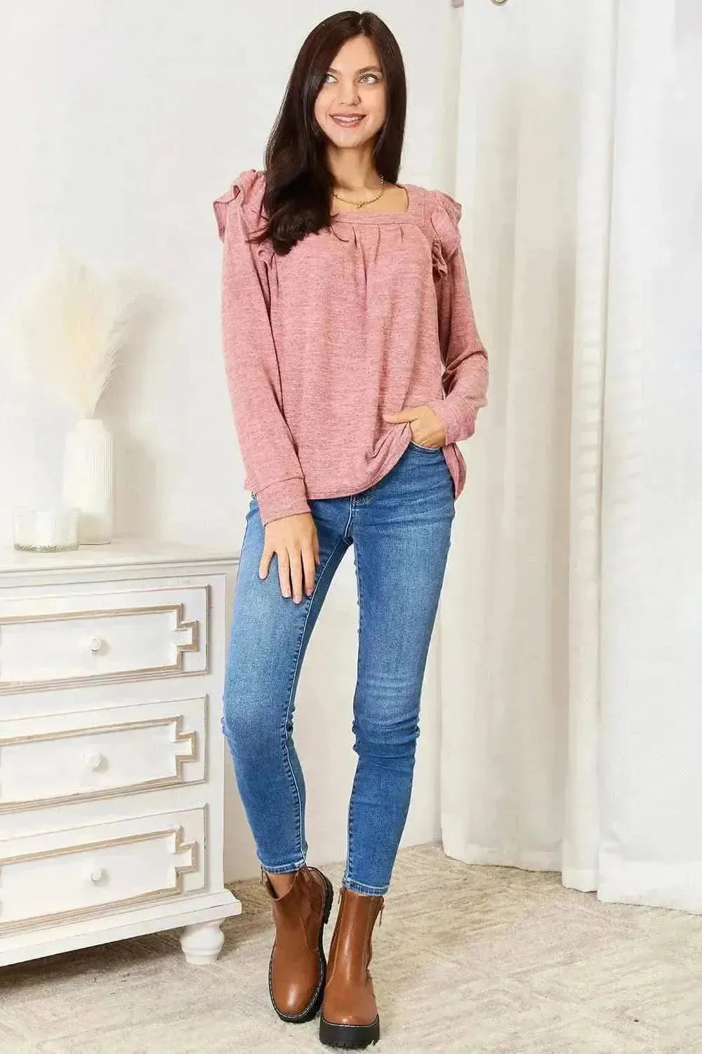 Double Take Square Neck Ruffle Shoulder Long Sleeve T-Shirt - Bad Moms Club