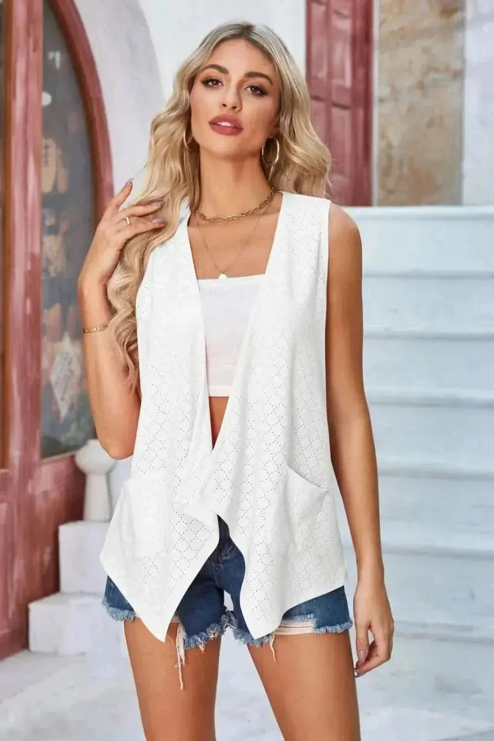 Eyelet Open Front Sleeveless Cardigan - Bad Moms Club