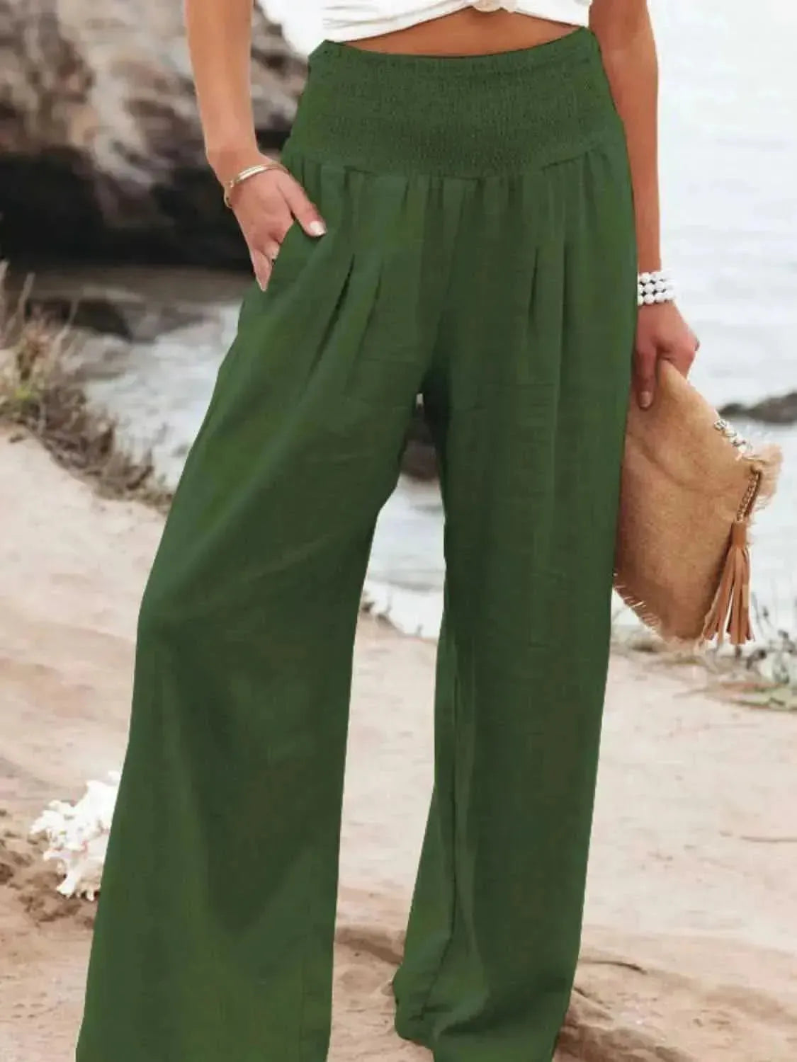 Full Size Smocked Waist Wide Leg Pants - Bad Moms Club