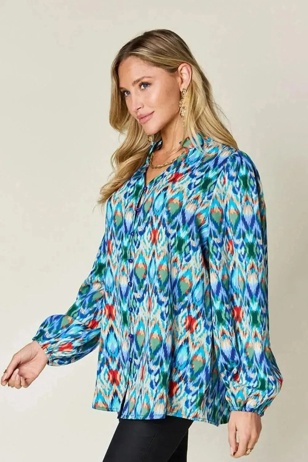 Double Take Full Size Printed Balloon Sleeve Blouse - Bad Moms Club