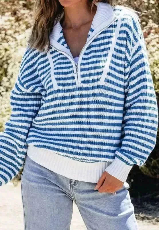 Striped Half Zip Mock Neck Long Sleeve Sweater - Bad Moms Club