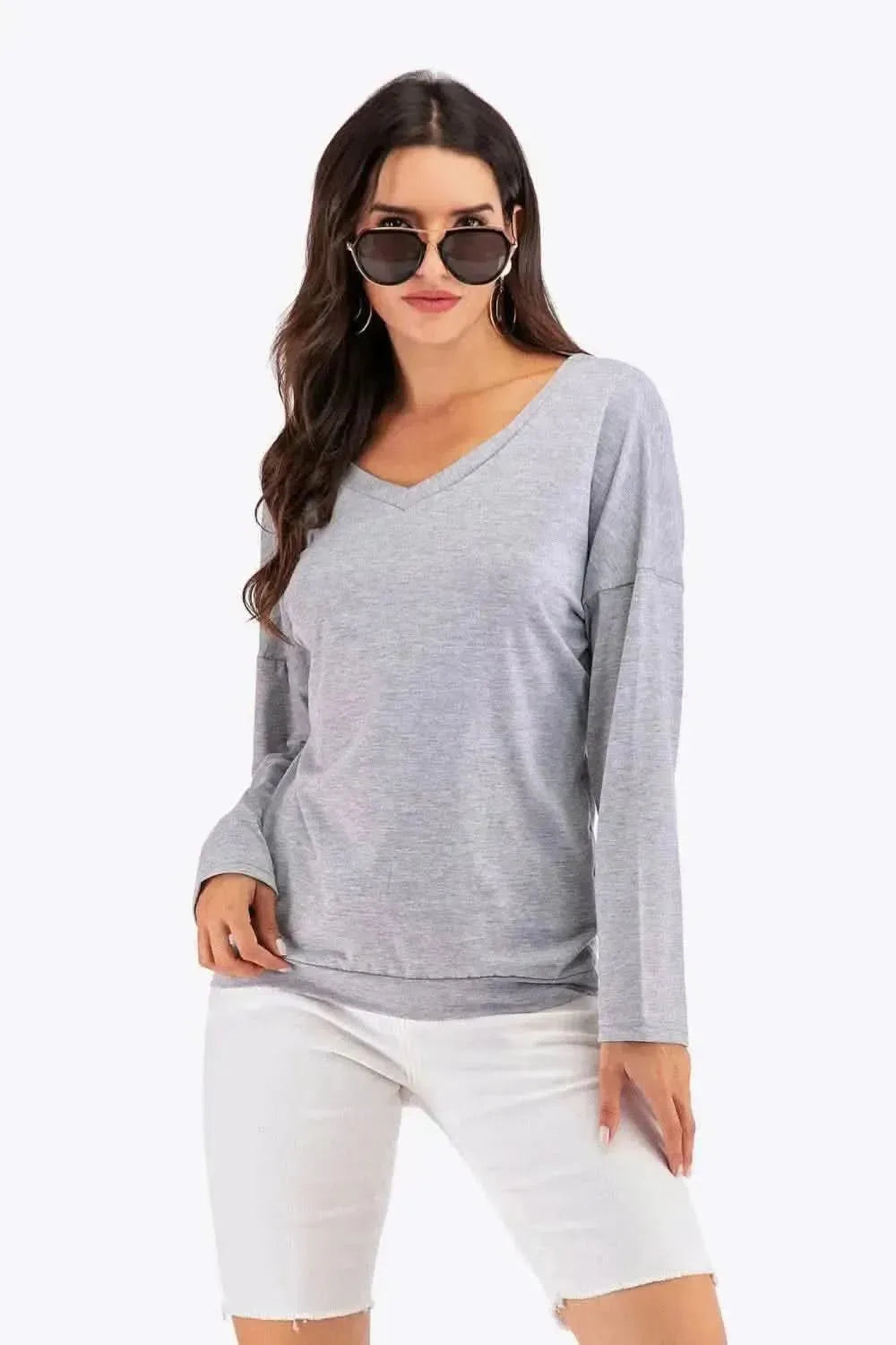 Perfee V-Neck Drop Shoulder Open Back Sweatshirt - Bad Moms Club