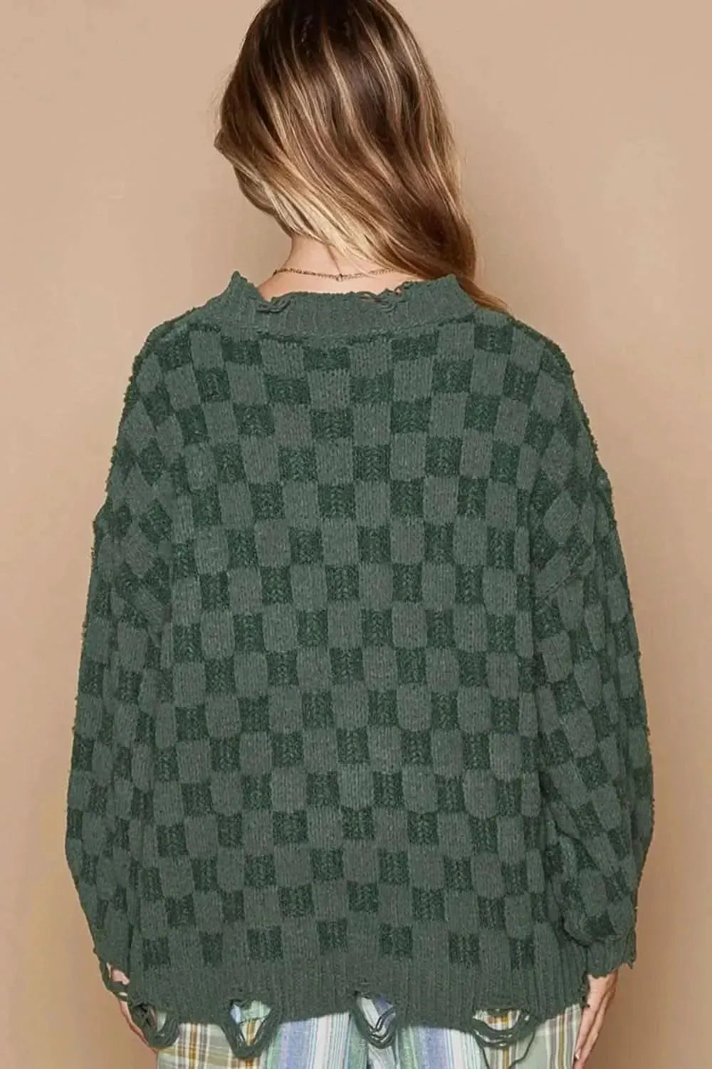 POL Checkered Distressed Edge Sweater - Bad Moms Club