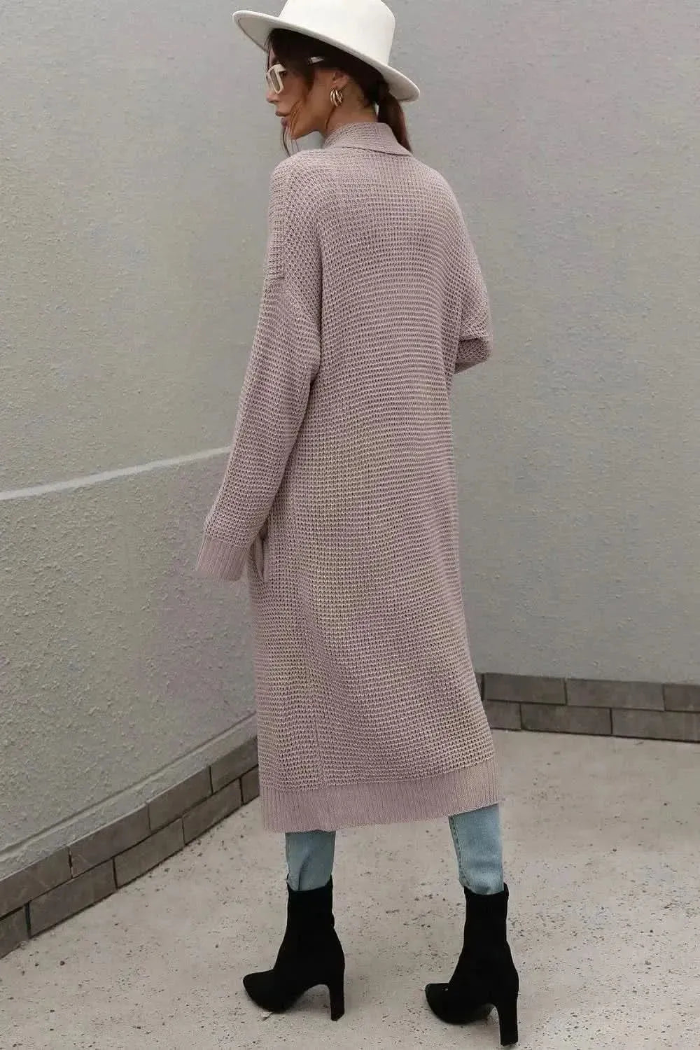 Waffle Knit Open Front Duster Cardigan With Pockets - Bad Moms Club