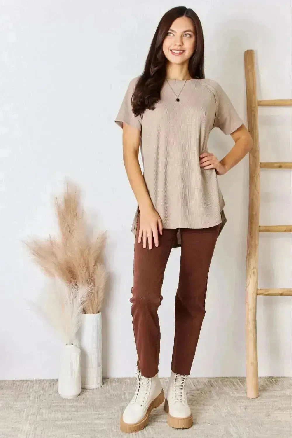 Zenana Baby Waffle Short Sleeve Slit High-Low T-Shirt - Bad Moms Club