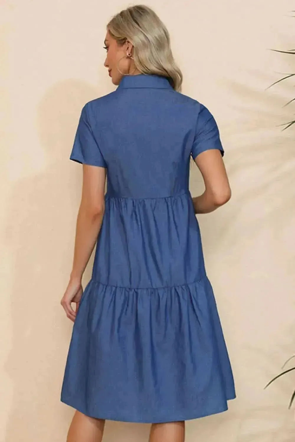 Short Sleeve Collared Button Down Denim Dress - Bad Moms Club