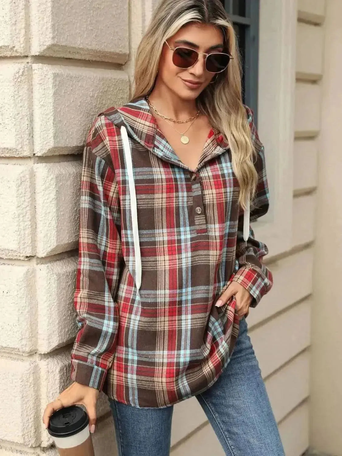 Drawstring Plaid Hooded Long Sleeve Top - Bad Moms Club