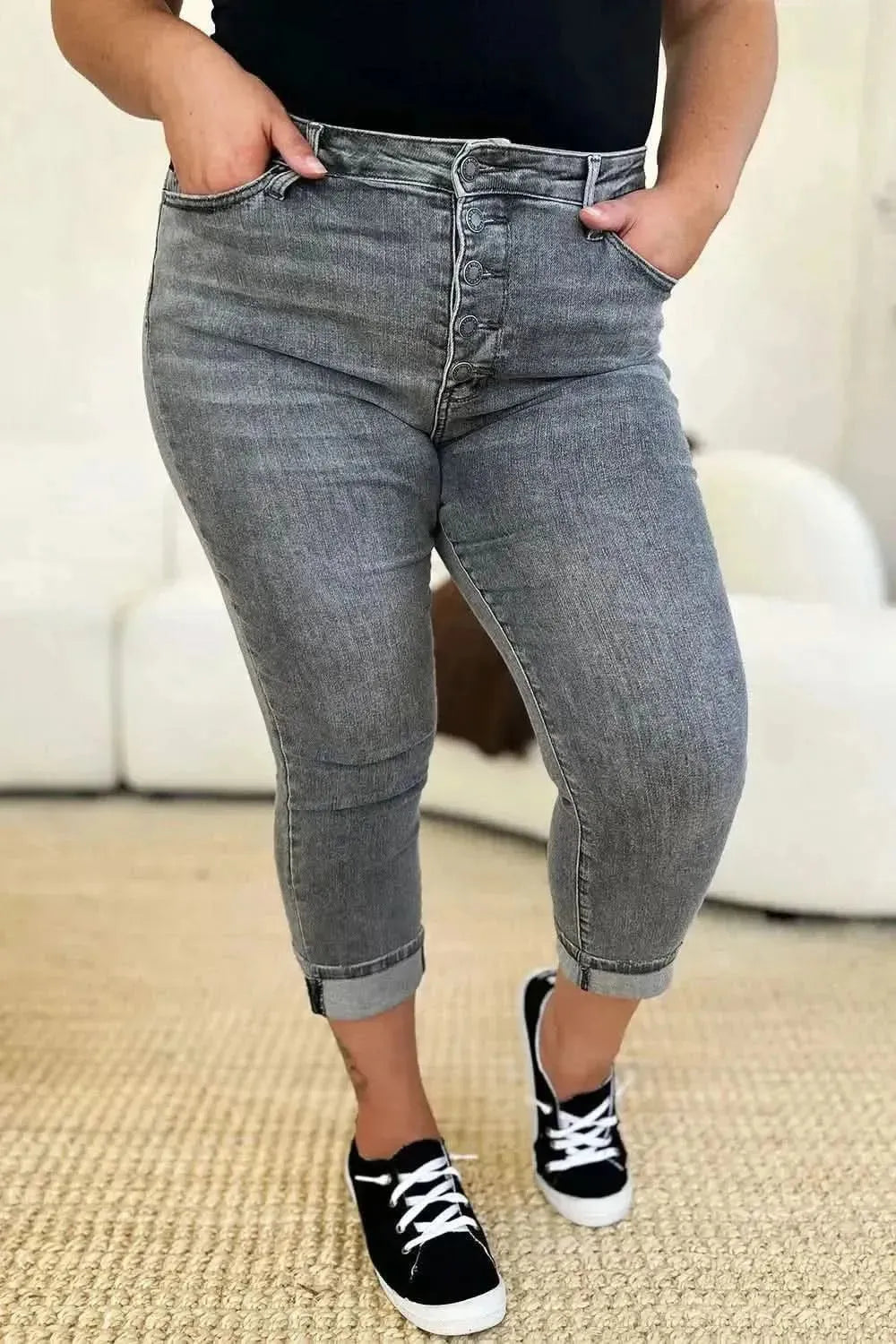 Judy Blue Full Size Button Fly High Waist Cuffed Capris - Bad Moms Club