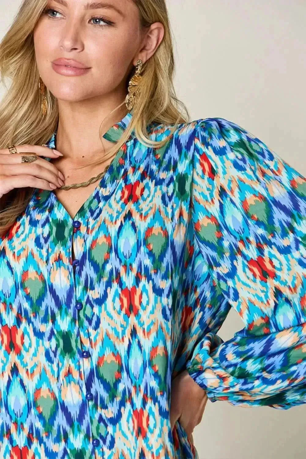 Double Take Full Size Printed Balloon Sleeve Blouse - Bad Moms Club