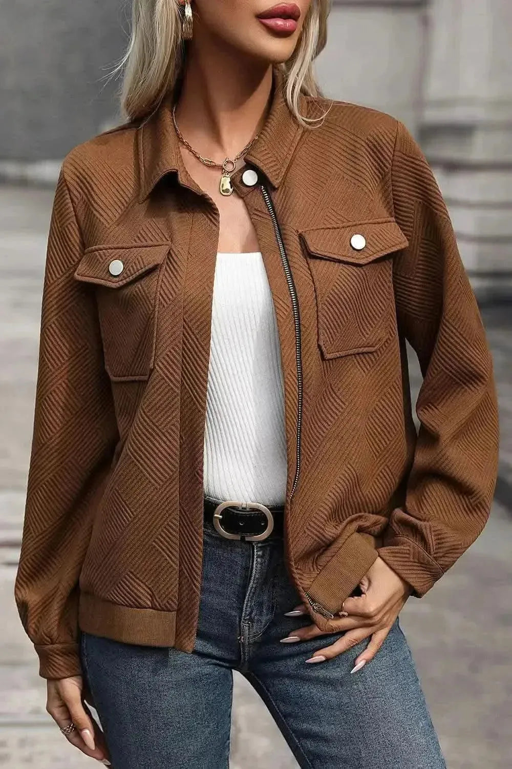 Textured Zip Up Collared Neck Jacket - Bad Moms Club
