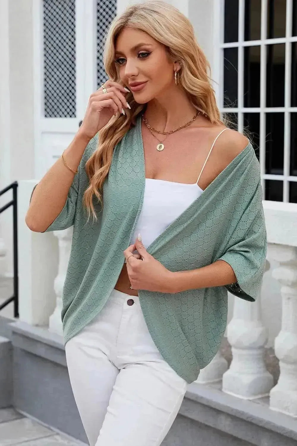 Eyelet Open Front Half Sleeve Cardigan - Bad Moms Club