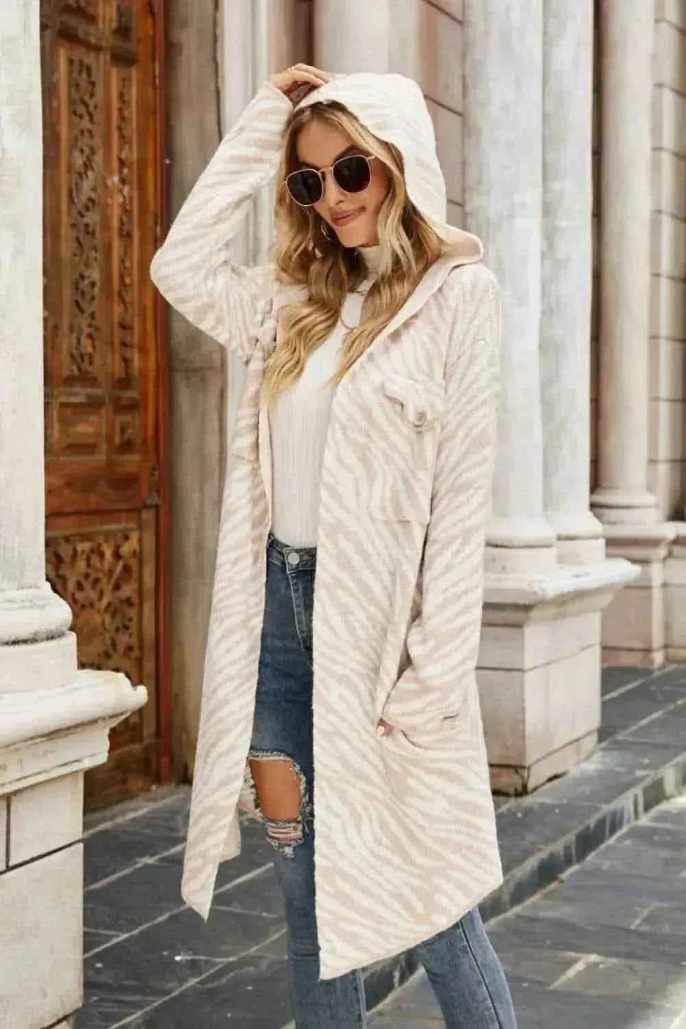Printed Open Front Hooded Longline Cardigan - Bad Moms Club