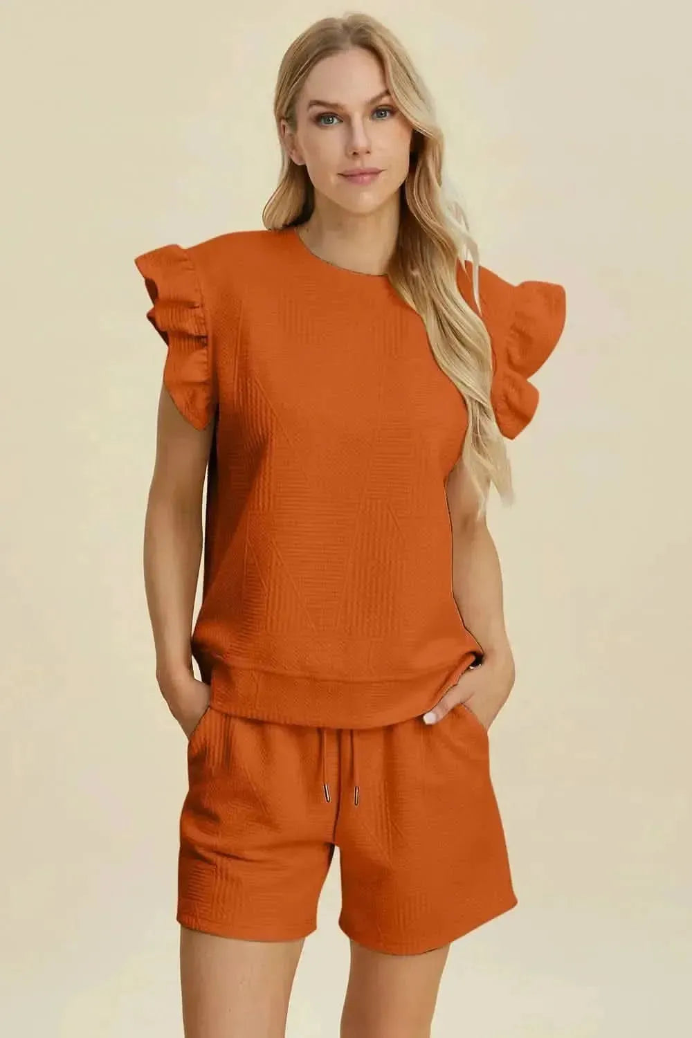 Double Take Full Size Texture Round Neck Ruffle Sleeve Top and Shorts Set - Bad Moms Club