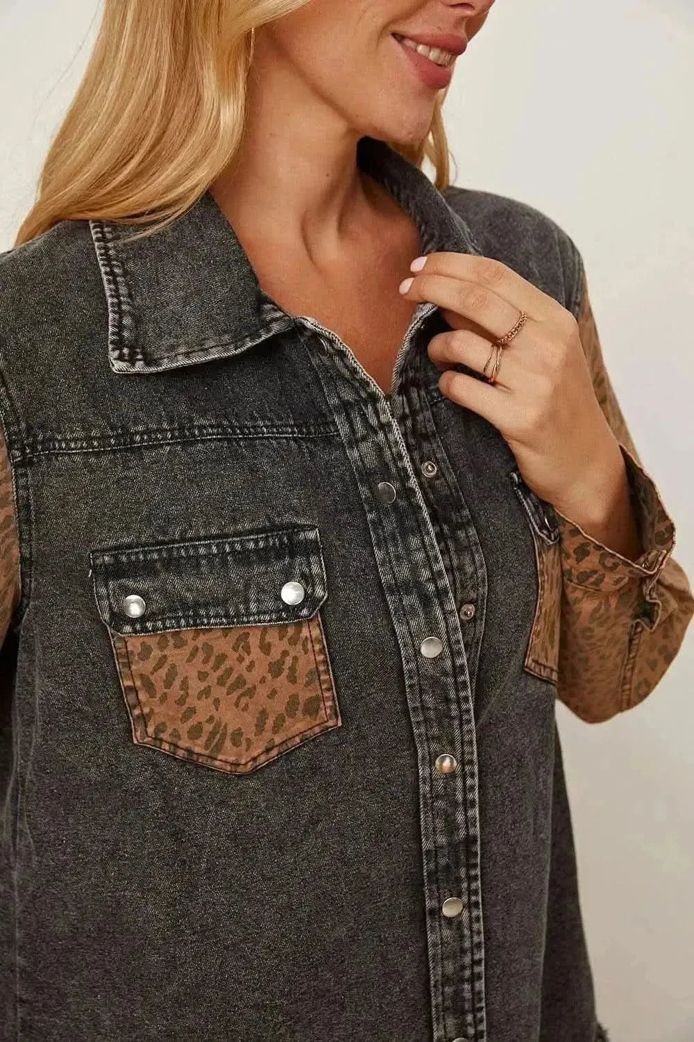 MeiMei Leopard Raw Hem Pocketed Denim Jacket - Bad Moms Club