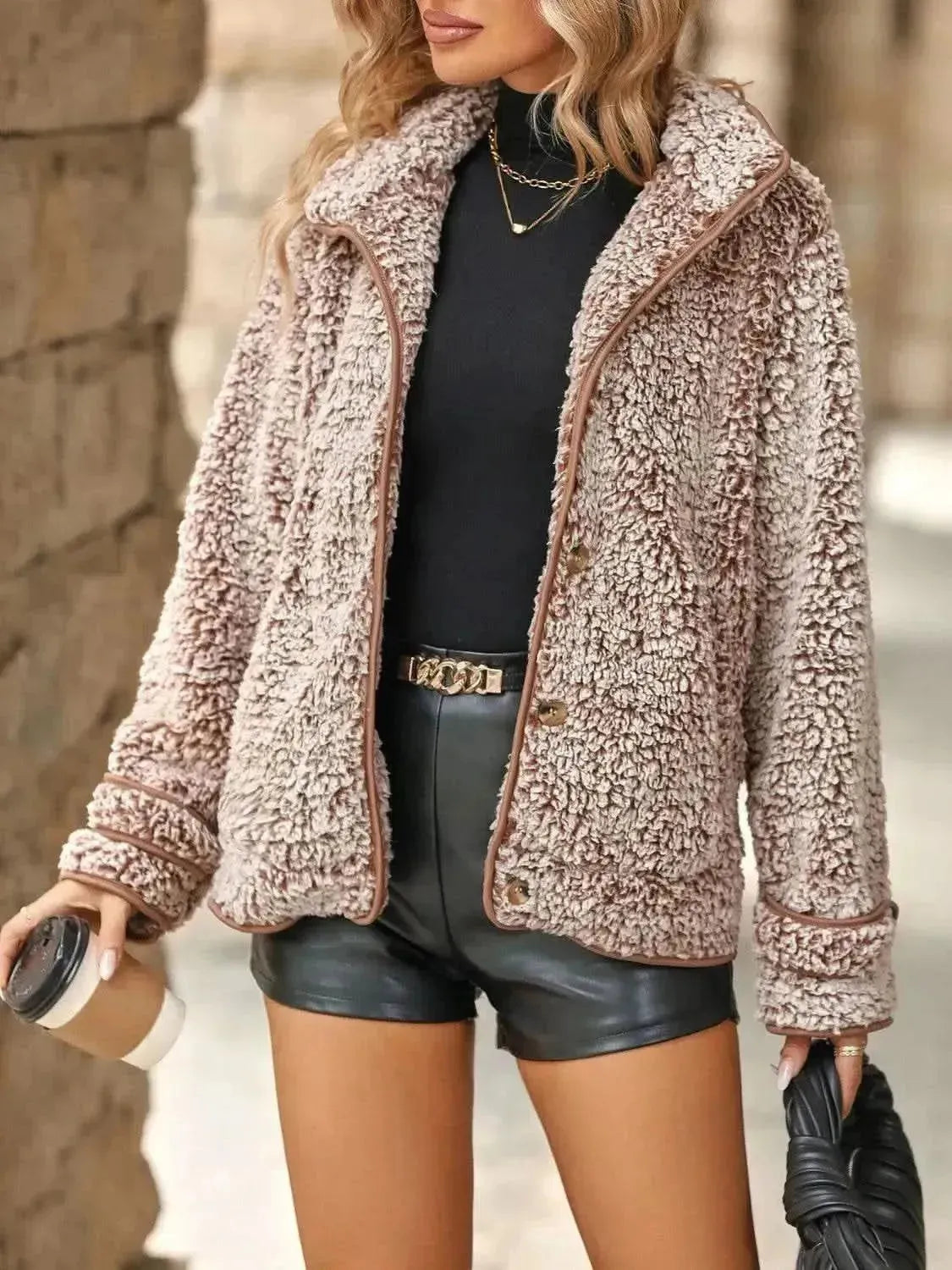 Fuzzy Pocketed Button Up Jacket - Bad Moms Club