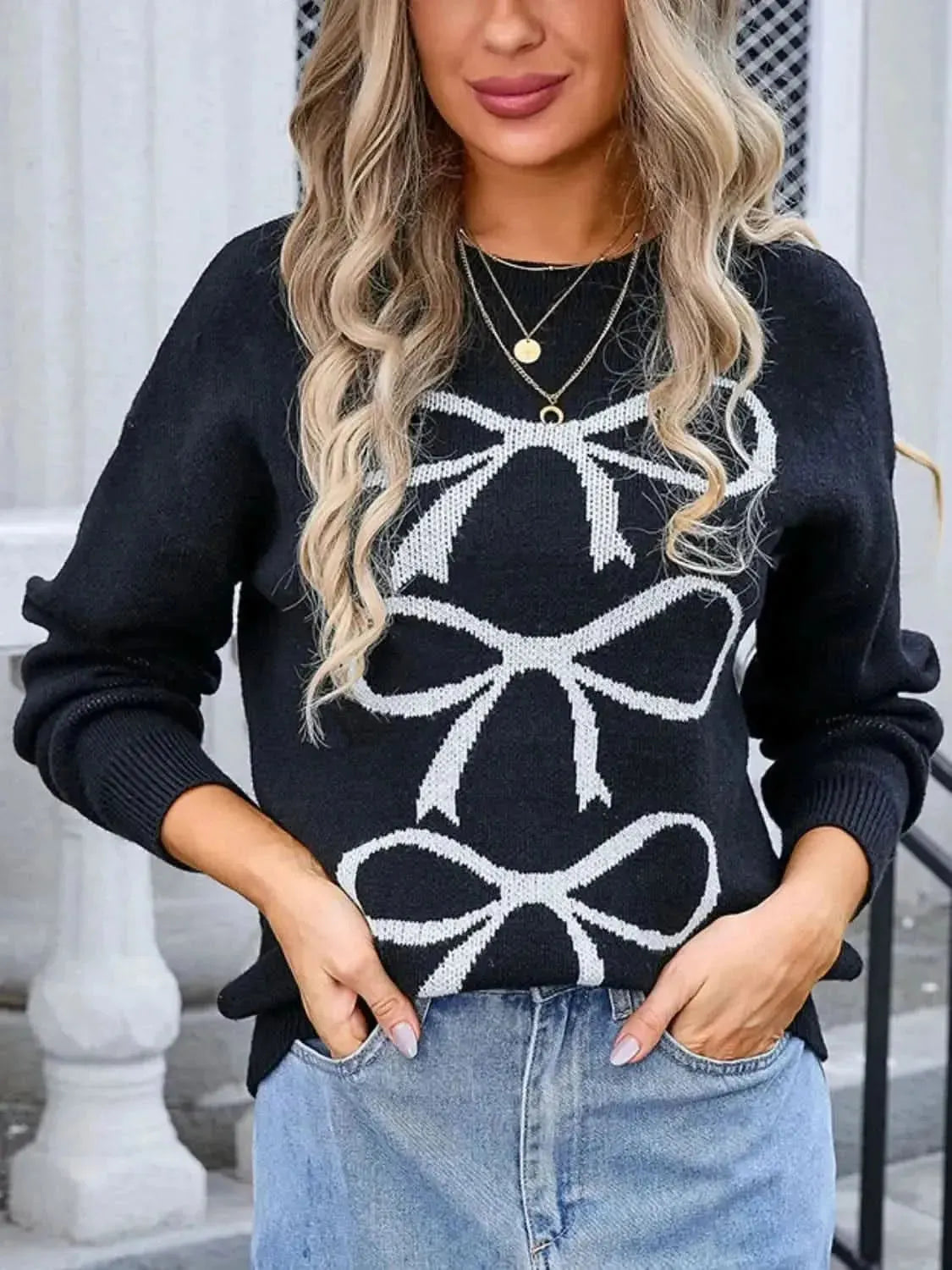 Angel Wings Bow Graphic Round Neck Long Sleeve Sweater - Bad Moms Club